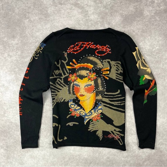 Ed Hardy Tops - [117] Ed Hardy Y2K Tattoo Long Sleeve – Geisha Graphic (M)
